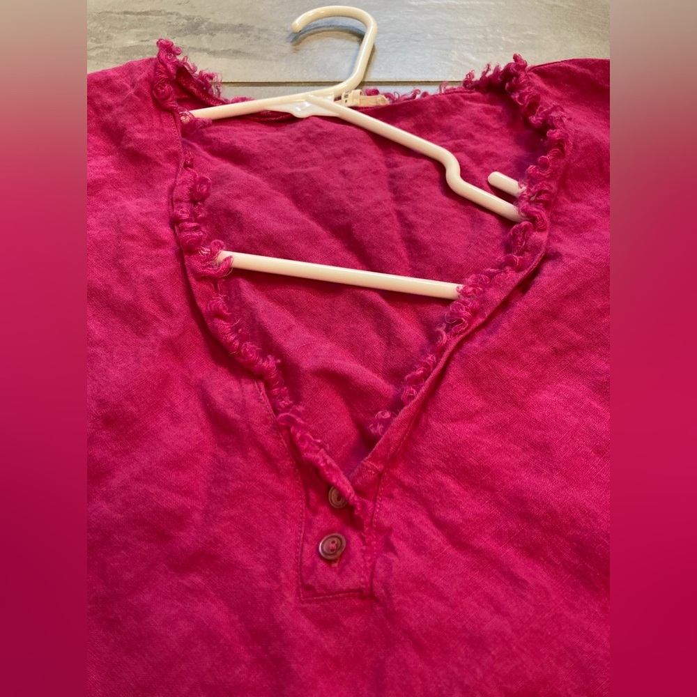Eileen Fisher Raw Hem Irish Linen Short Sleeve Pink V neck button blouse XL - Picture 4 of 6